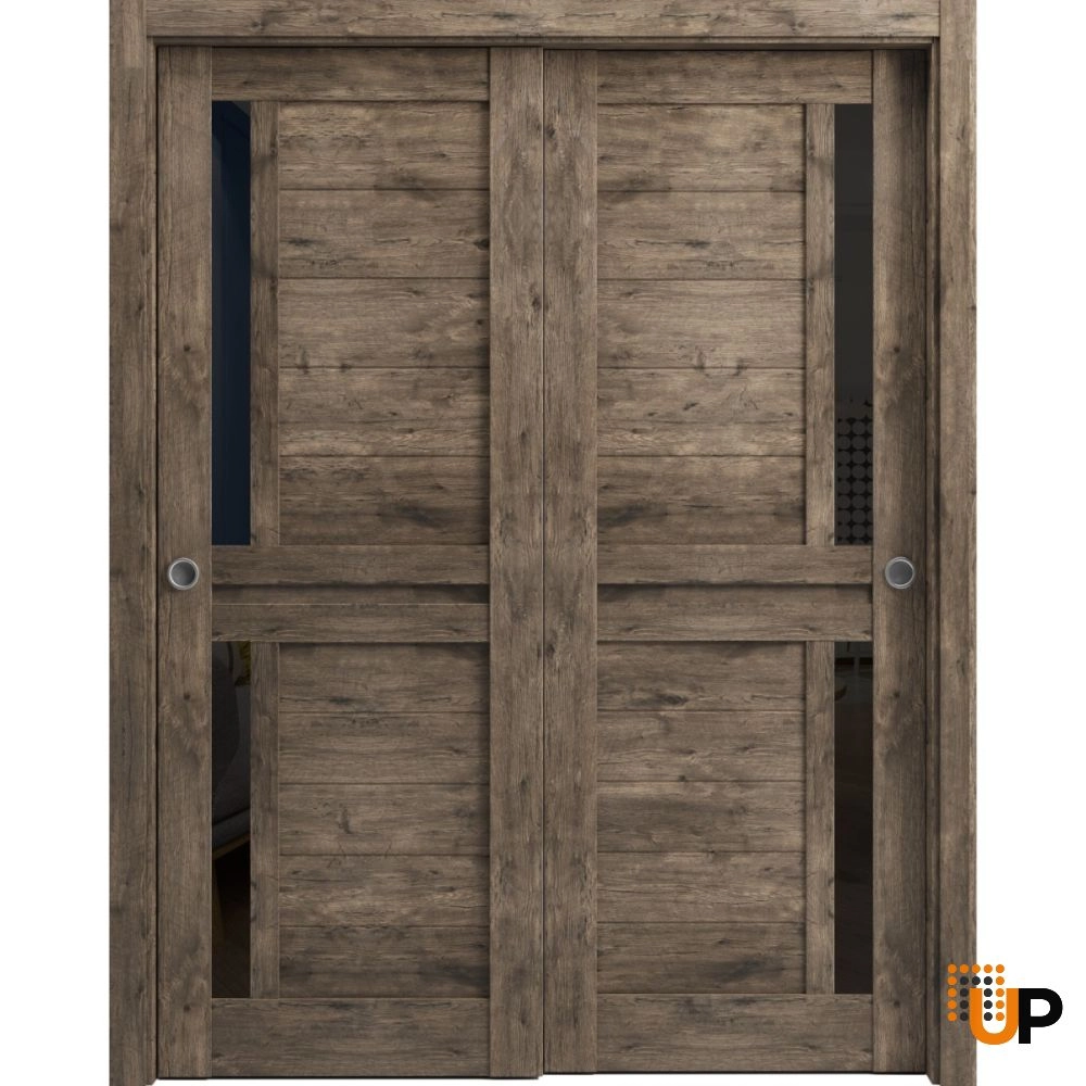 Double laminate sliding modern interior closet bypass door with black glass | Veregio 7588  Cognac Oak | 36 x 80 (2* 18x80) photo#1