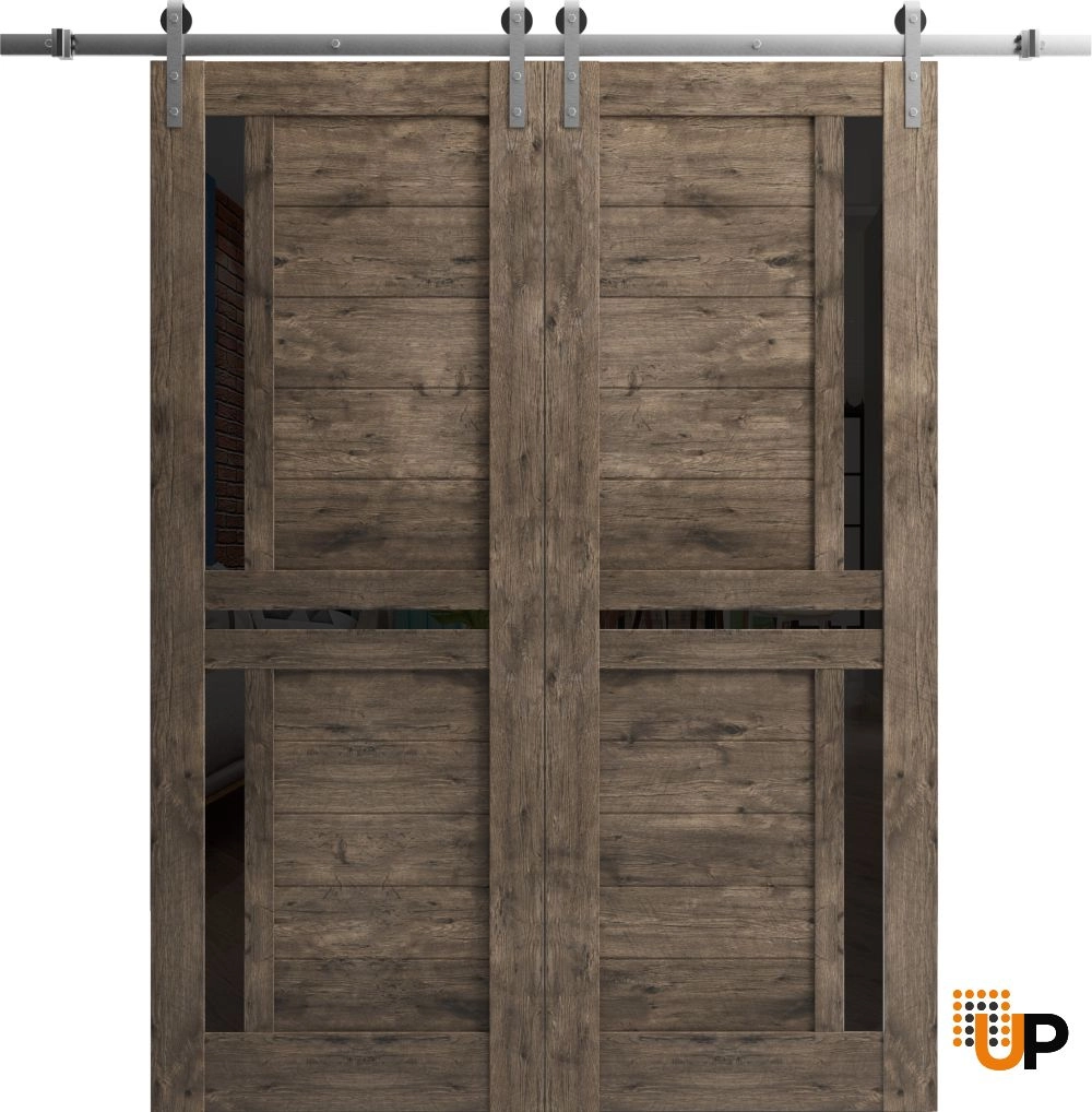 Double laminate sliding french interior barn double door with black glass | Veregio 7588  Cognac Oak | 36 x 96 (2* 18x96) photo#1