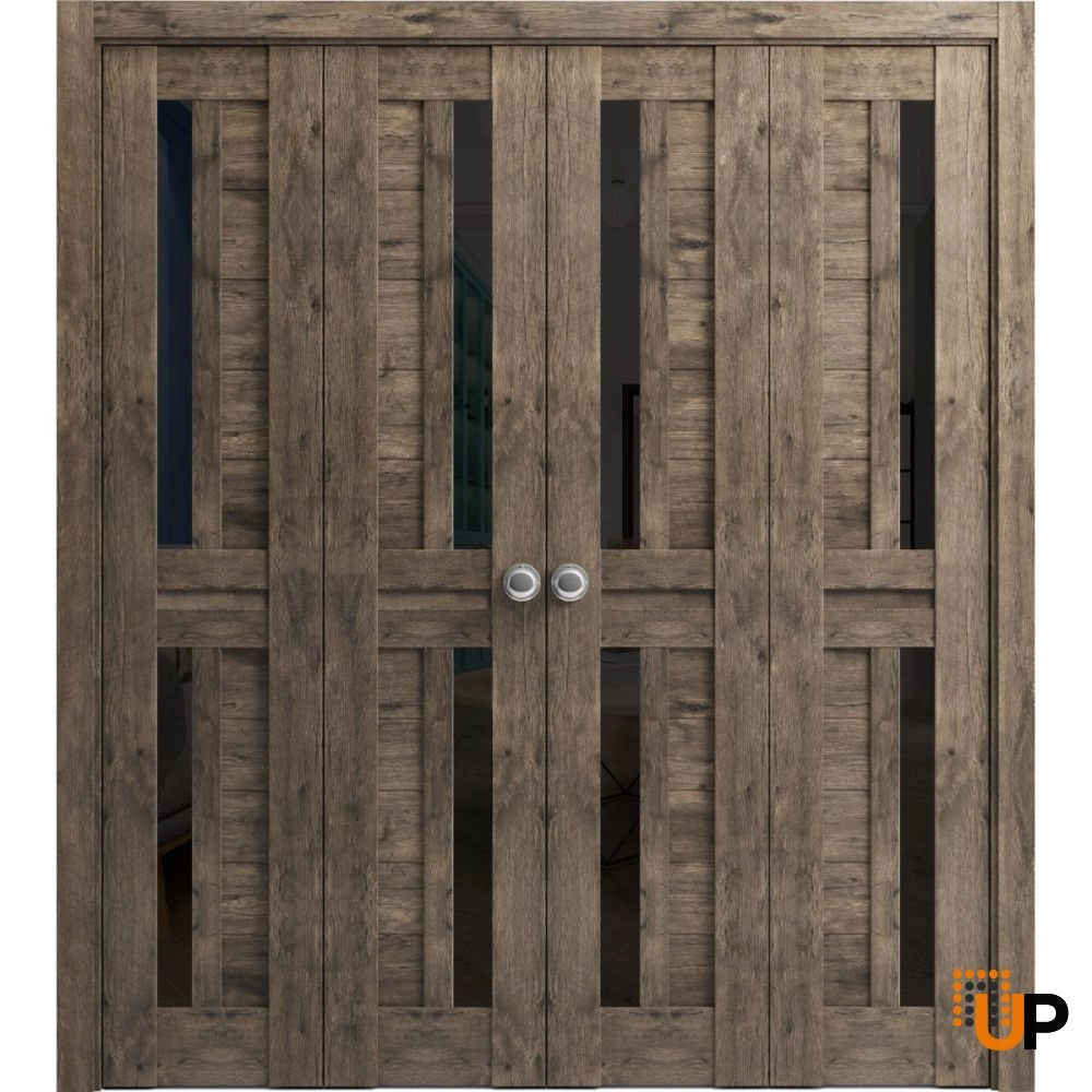 4 folding panels laminate sliding modern interior bi-fold double door with black glass | Veregio 7588  Cognac Oak | 72 x 80 (4* 18x80) photo#1