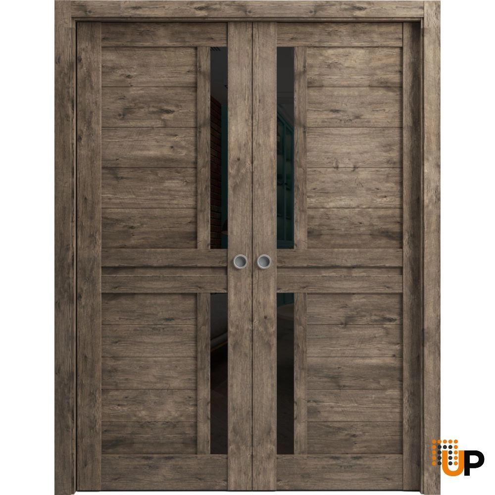 Double laminate sliding modern interior pocket double door with black glass | Veregio 7588  Cognac Oak | 36 x 80 (2* 18x80) photo#1