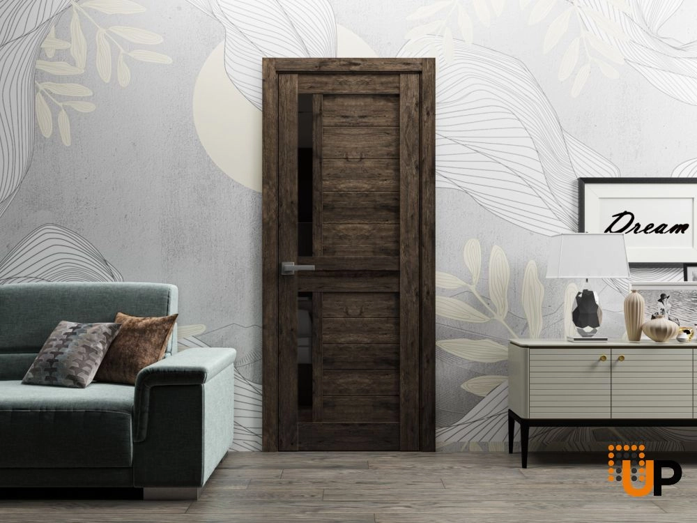 Single laminate modern interior swing door with black glass | Veregio 7588  Cognac Oak | 18 x 80 photo#2