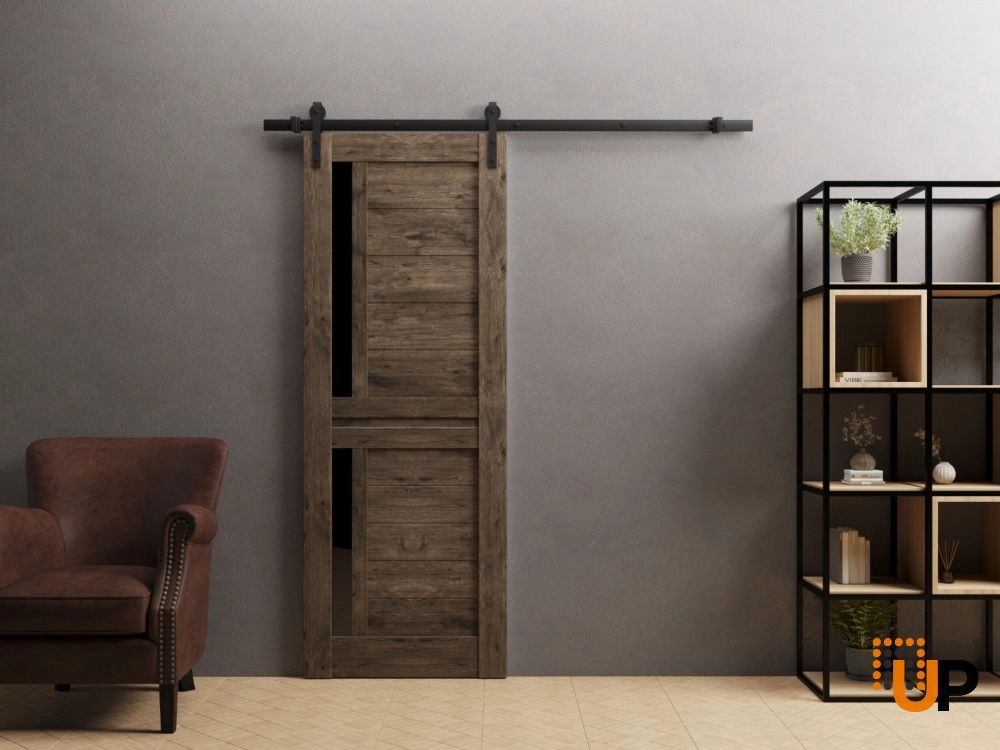 Single laminate sliding modern interior barn door with black glass | Veregio 7588  Cognac Oak | 18 x 80 photo#2