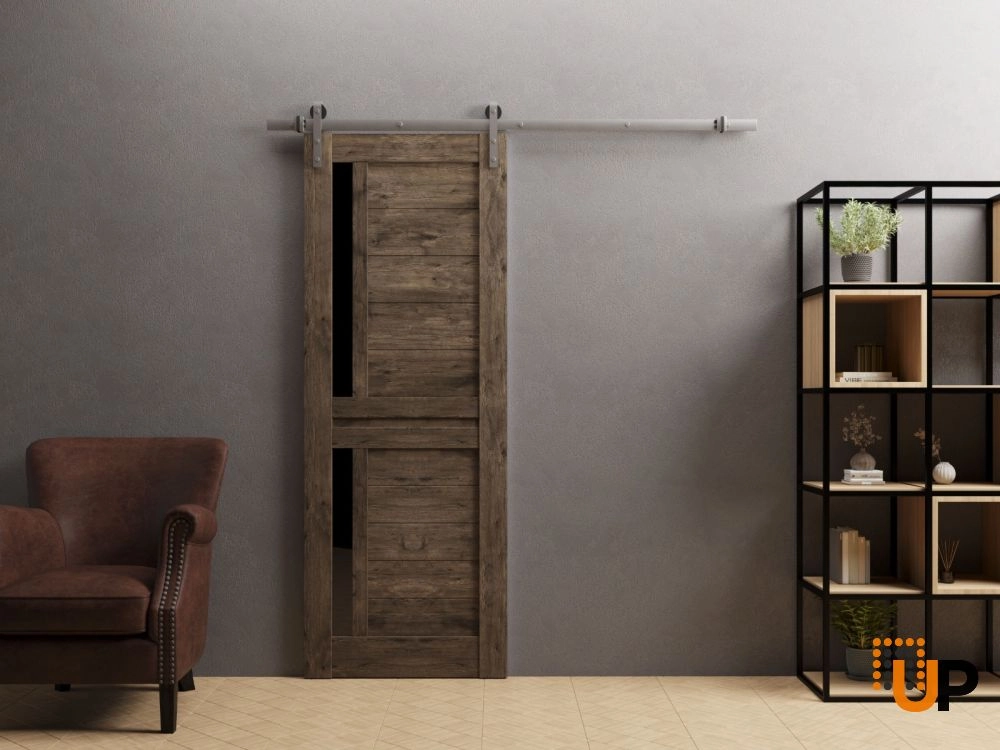 Single laminate sliding modern interior barn door with black glass | Veregio 7588  Cognac Oak | 36 x 80 photo#2