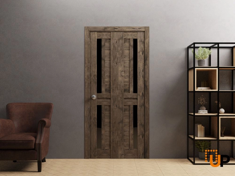 2 folding panels laminate sliding modern interior bi-fold door with black glass | Veregio 7588  Cognac Oak | 36 x 80 (2* 18x80) photo#2