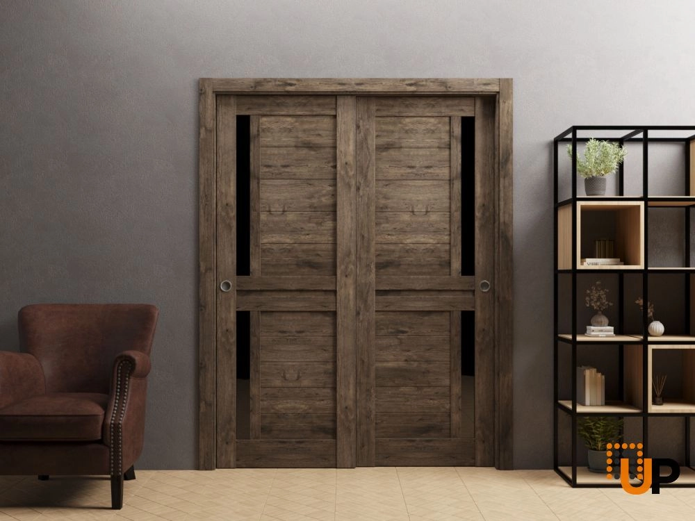 Double laminate sliding modern interior closet bypass door with black glass | Veregio 7588  Cognac Oak | 36 x 80 (2* 18x80) photo#2