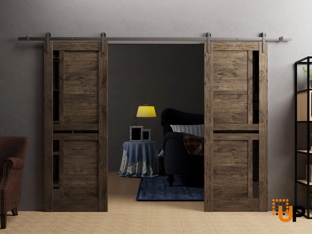 Double laminate sliding french interior barn double door with black glass | Veregio 7588  Cognac Oak | 36 x 96 (2* 18x96) photo#2