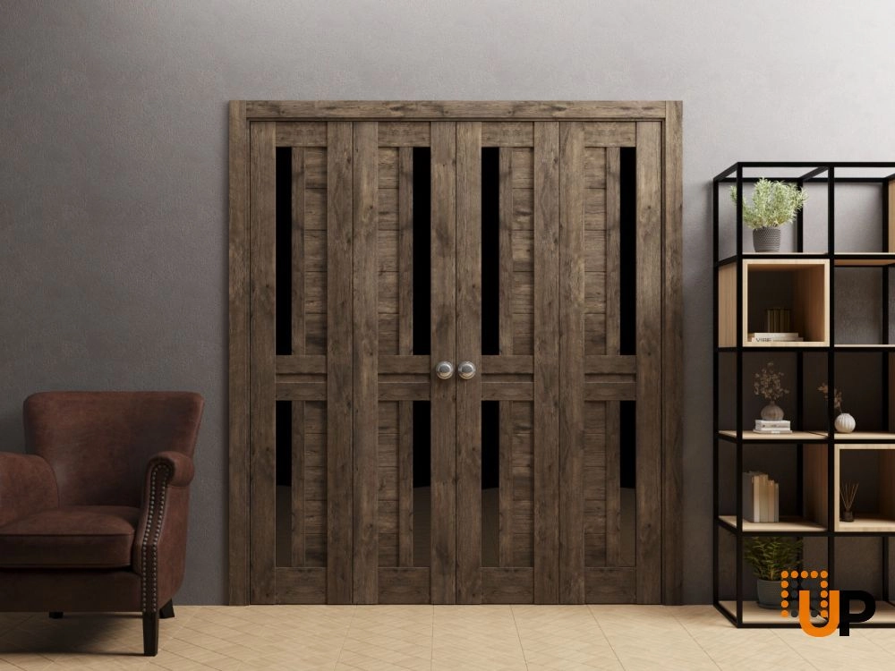 4 folding panels laminate sliding modern interior bi-fold double door with black glass | Veregio 7588  Cognac Oak | 72 x 80 (4* 18x80) photo#2