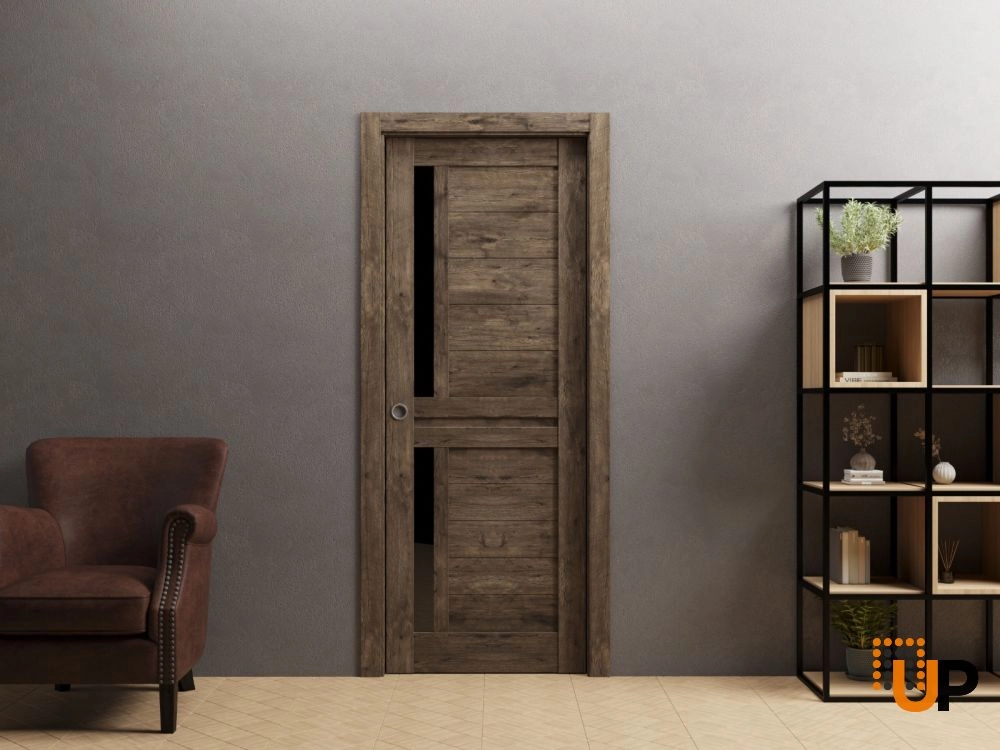 Single laminate modern interior door slab with black glass | Veregio 7588  Cognac Oak | 18 x 80 photo#2