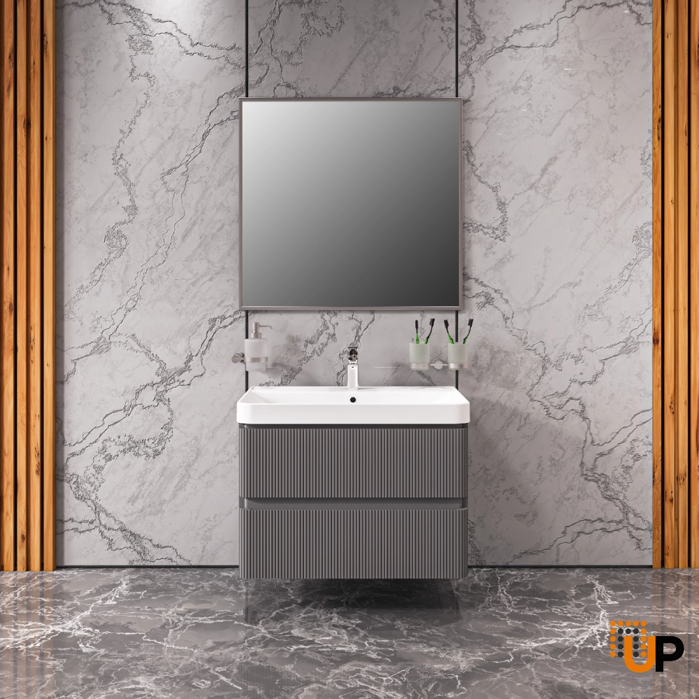Modern Wall-Mounted Bathroom Vanity with Washbasin | Luxury Gray Matte Collection | Non-Toxic Fire-Resistant MDF photo#2