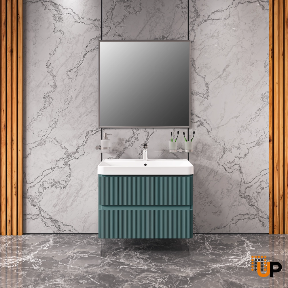 Modern Wall-Mounted Bathroom Vanity with Washbasin | Luxury Green Matte Collection | Non-Toxic Fire-Resistant MDF photo#2