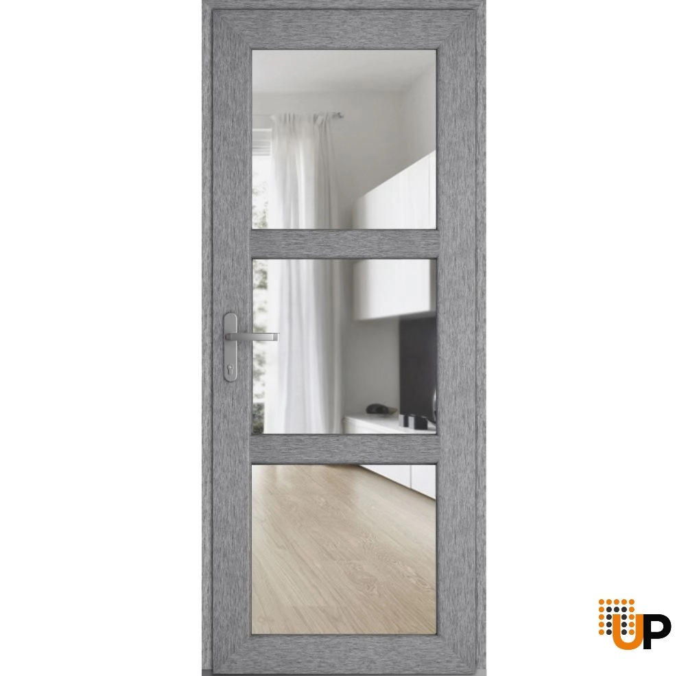 Single swing metal-plastic modern exterior door with tempered | Manux 8555 Gray Ash | 36 x 80 photo#1