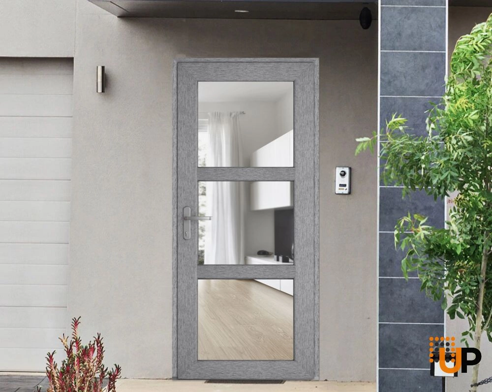 Single swing metal-plastic modern exterior door with tempered | Manux 8555 Gray Ash | 36 x 80 photo#2