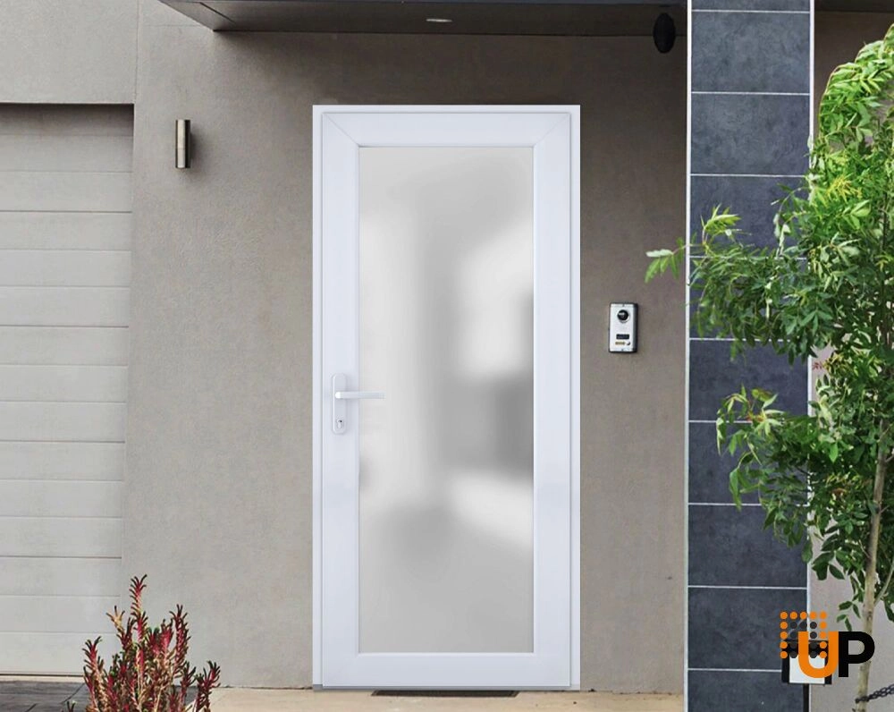 Single swing metal-plastic modern exterior door with tempered | Manux 8102 White | 30 x 80 photo#3