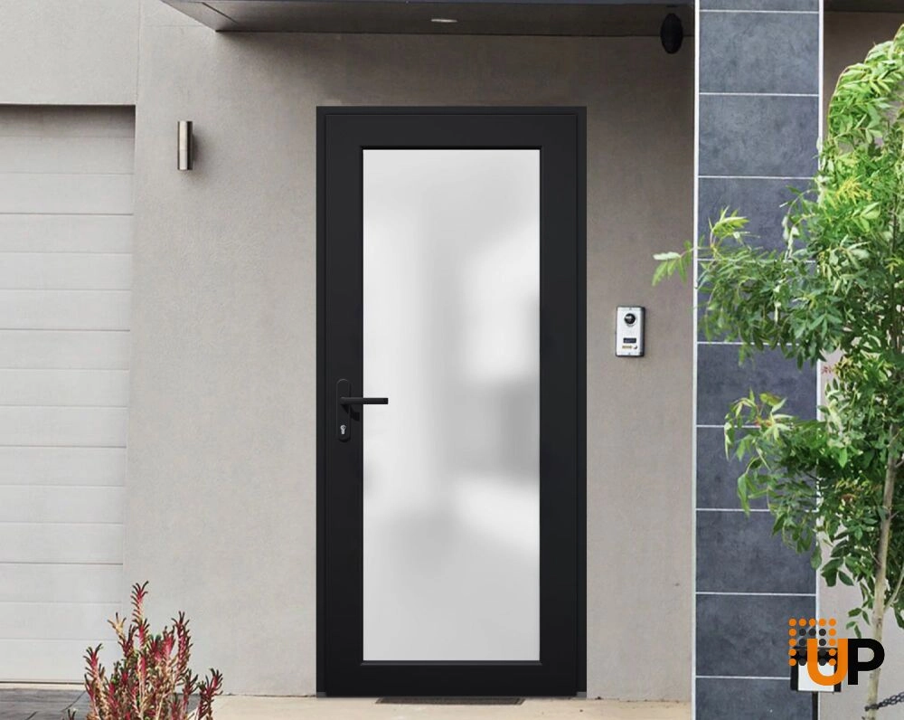 Single swing metal-plastic modern exterior door with tempered | Manux 8102 Black | 30 x 80 photo#3