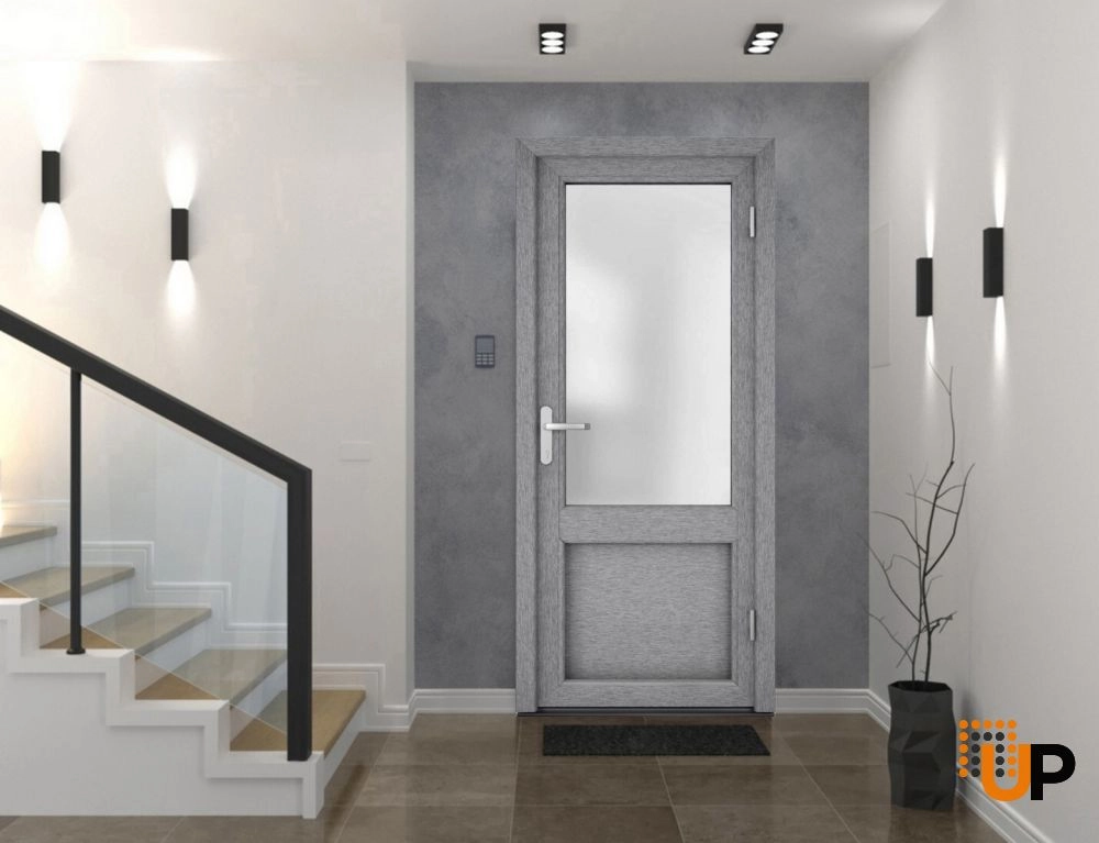 Single swing vinyl classic exterior door with tempered glass | Manux 8422 Gray Ash | 36 x 80 photo#3