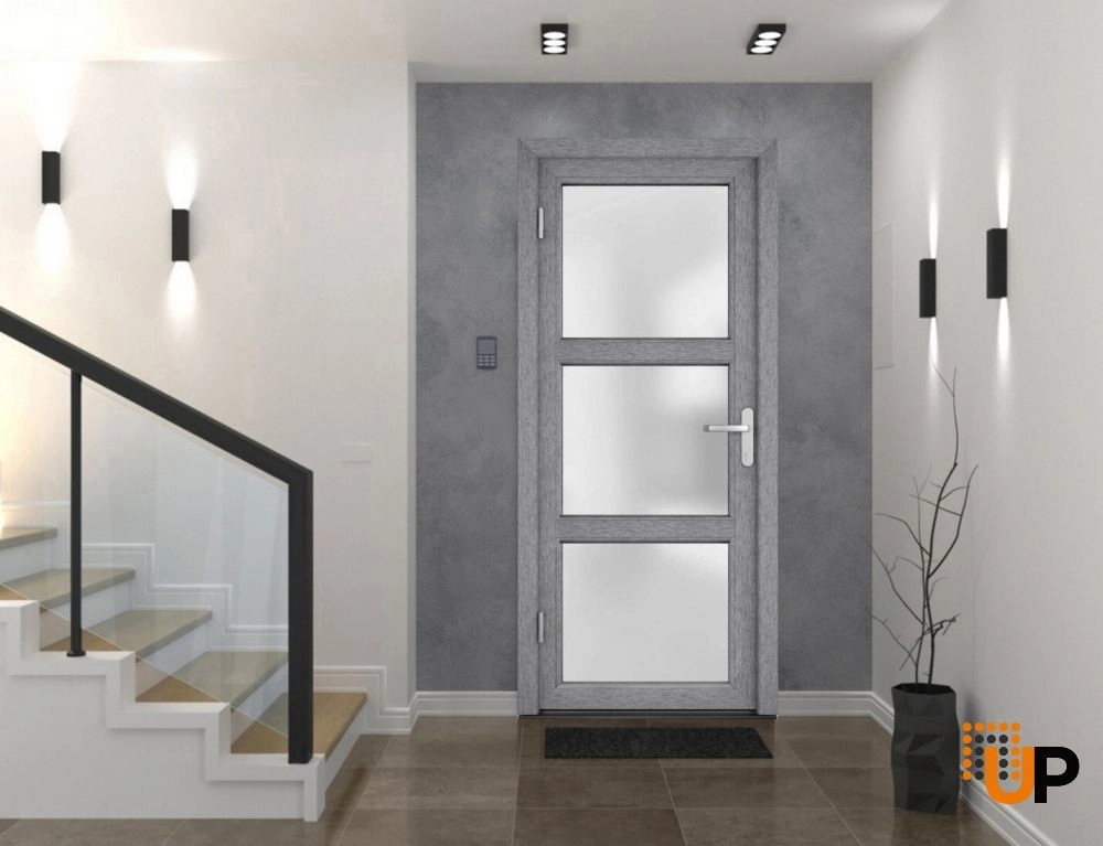 Single swing metal-plastic modern exterior door with tempered | Manux 8552 Gray Ash | 36 x 80 photo#3