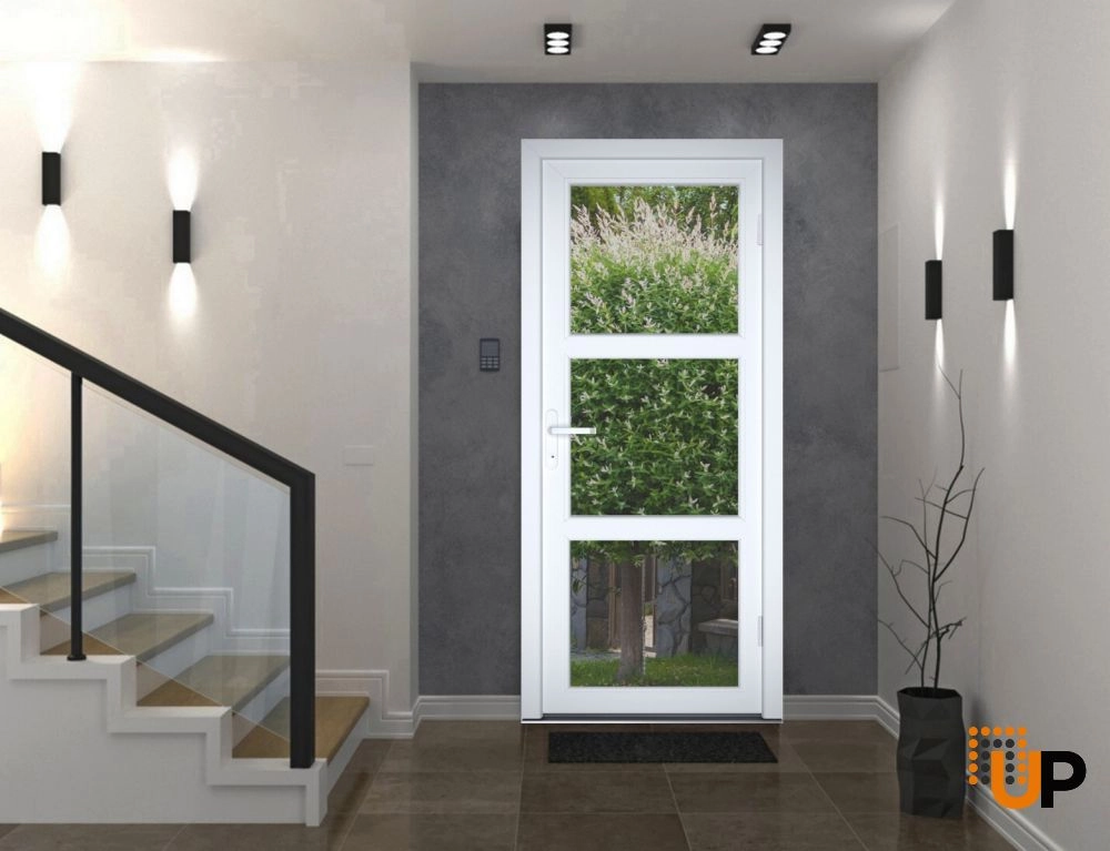Single swing metal-plastic modern exterior door with tempered | Manux 8555 White | 30 x 80 photo#3