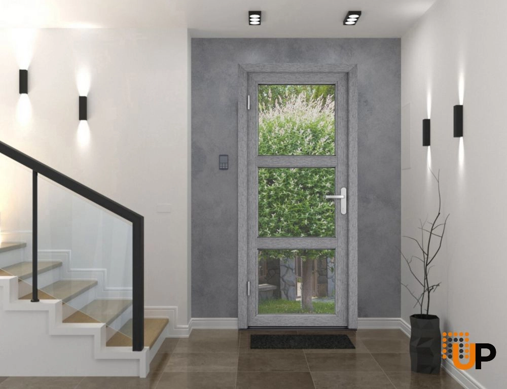 Single swing metal-plastic modern exterior door with tempered | Manux 8555 Gray Ash | 36 x 80 photo#3