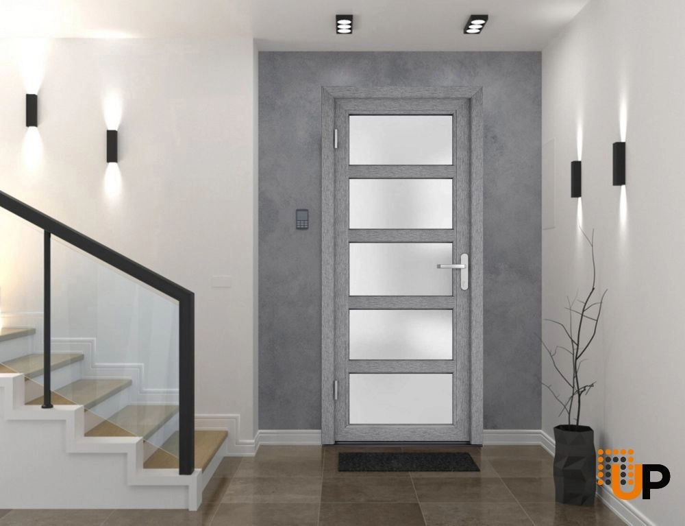 Single swing metal-plastic modern exterior door with tempered | Manux 8002 Gray Ash | 36 x 80 photo#3