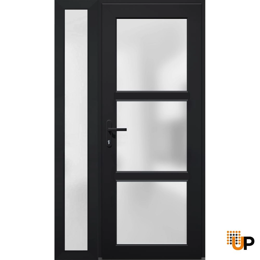 Single swing metal-plastic modern exterior door with tempered | Manux 8552 Black | 48 x 80 photo#1