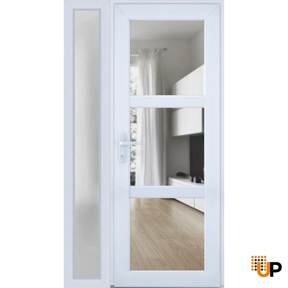 Single swing metal-plastic modern exterior door with tempered | Manux 8555 White | 48 x 80 photo#1