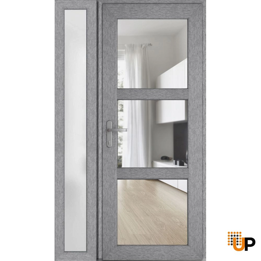 Single swing metal-plastic modern exterior door with tempered | Manux 8555 Gray Ash | 48 x 80 photo#1