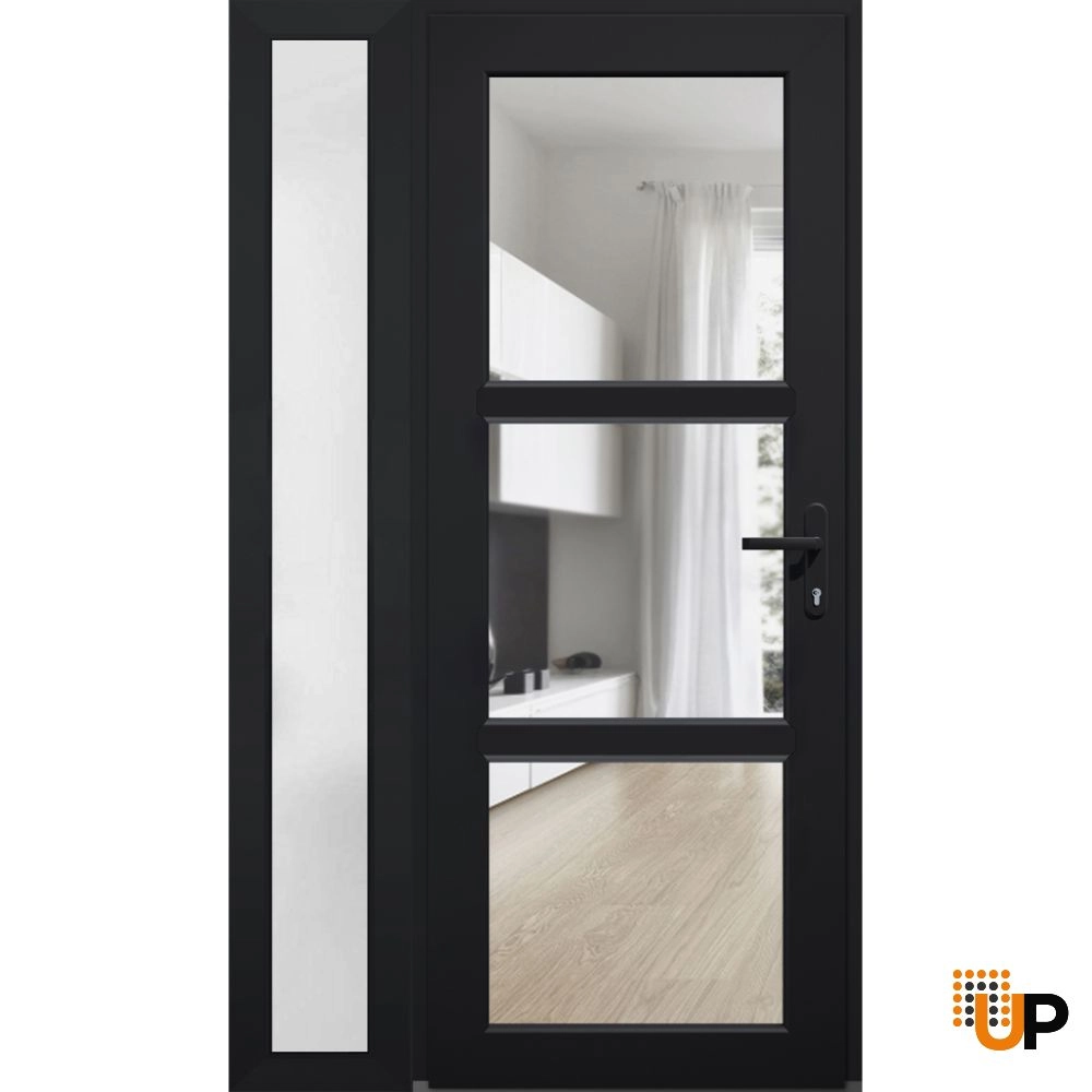 Single swing vinyl modern exterior door with tempered glass | Manux 8555 Black | 52 x 80 photo#1