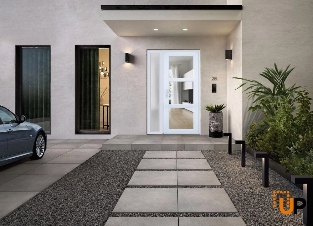 Single swing metal-plastic modern exterior door with tempered | Manux 8555 White | 48 x 80 photo#3
