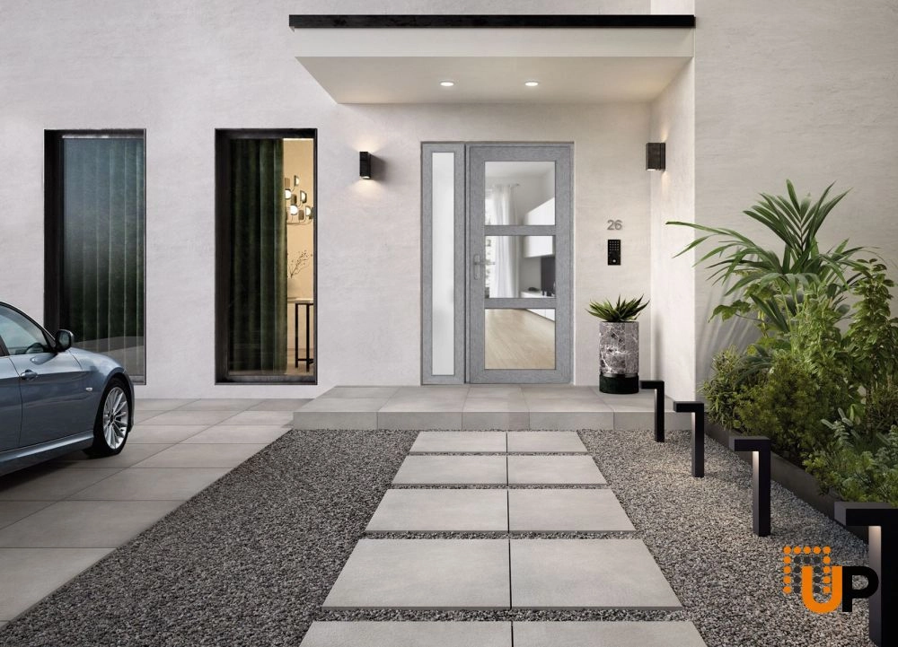 Single swing metal-plastic modern exterior door with tempered | Manux 8555 Gray Ash | 48 x 80 photo#3