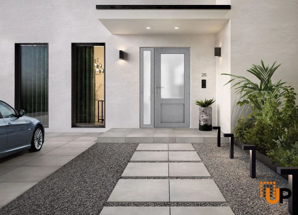 Single swing metal-plastic classic exterior door with tempered | Manux 8422 Gray Ash | 48 x 80 photo#3