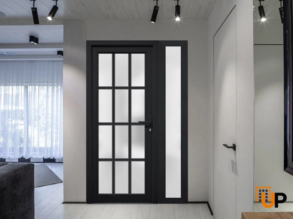 Single swing metal-plastic modern exterior door with tempered | Manux 8312 Black | 48 x 80 photo#4