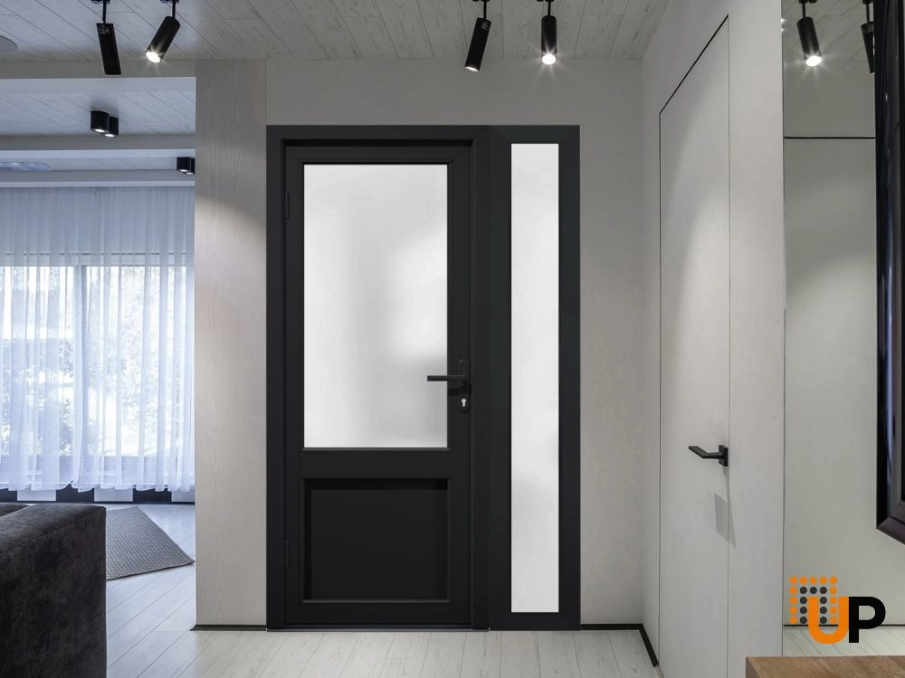 Single swing metal-plastic classic exterior door with tempered | Manux 8422 Black | 48 x 80 photo#4