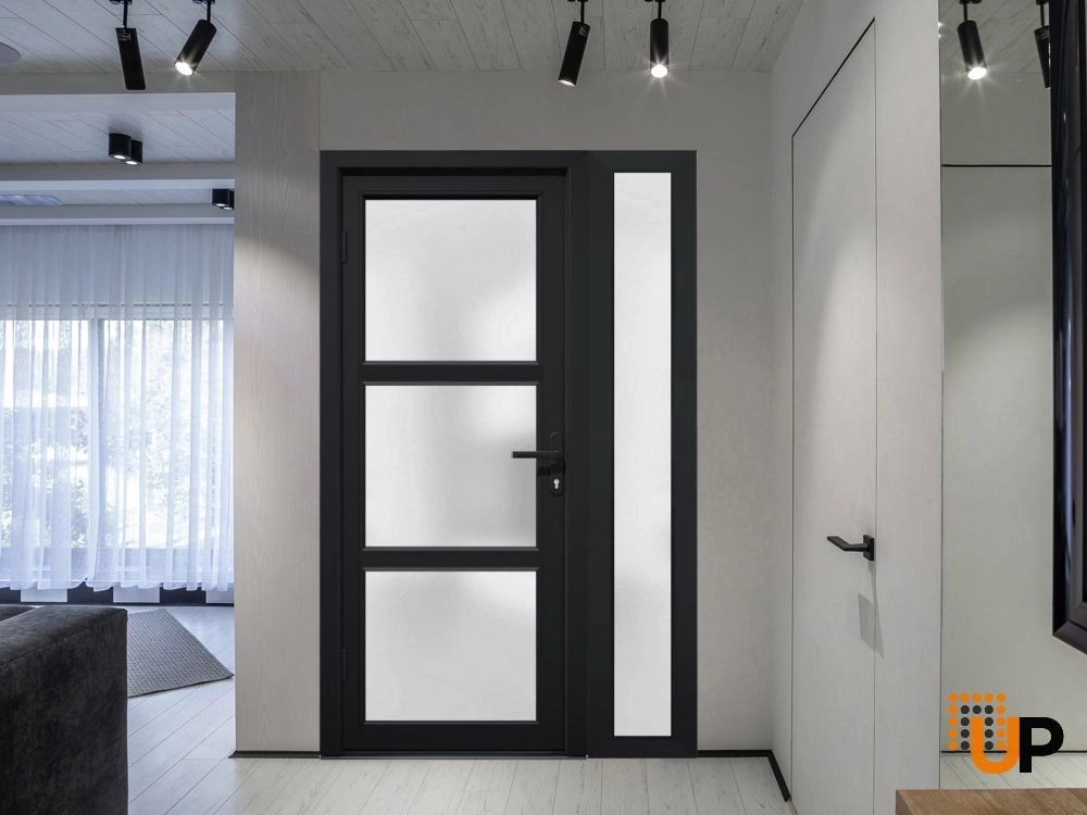 Single swing metal-plastic modern exterior door with tempered | Manux 8552 Black | 48 x 80 photo#4