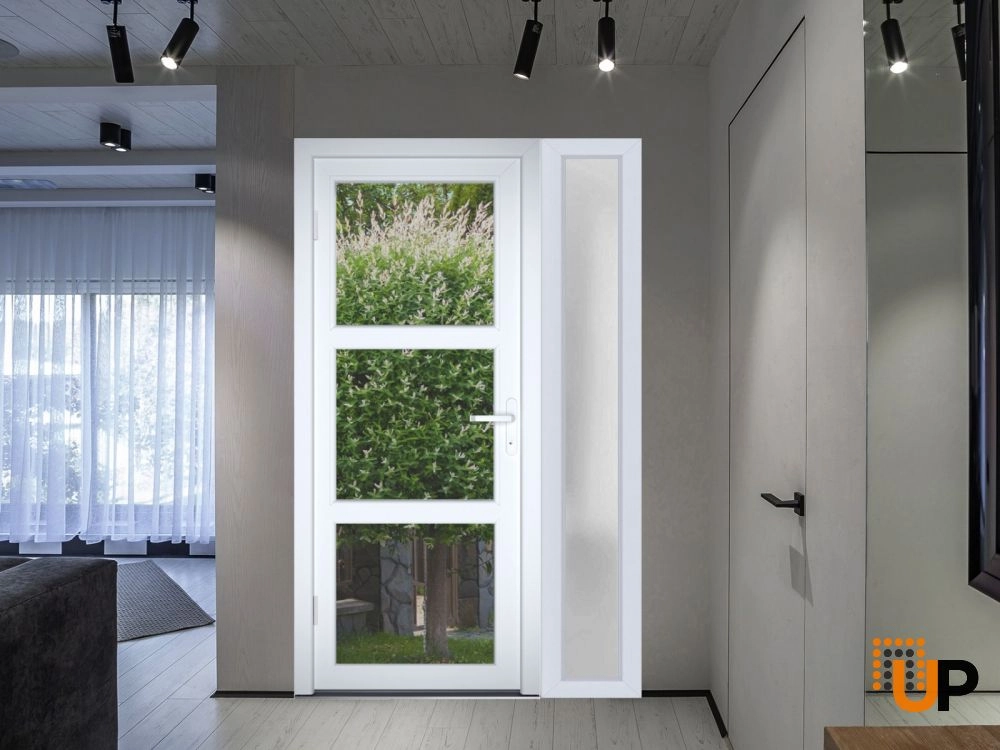 Single swing metal-plastic modern exterior door with tempered | Manux 8555 White | 48 x 80 photo#4