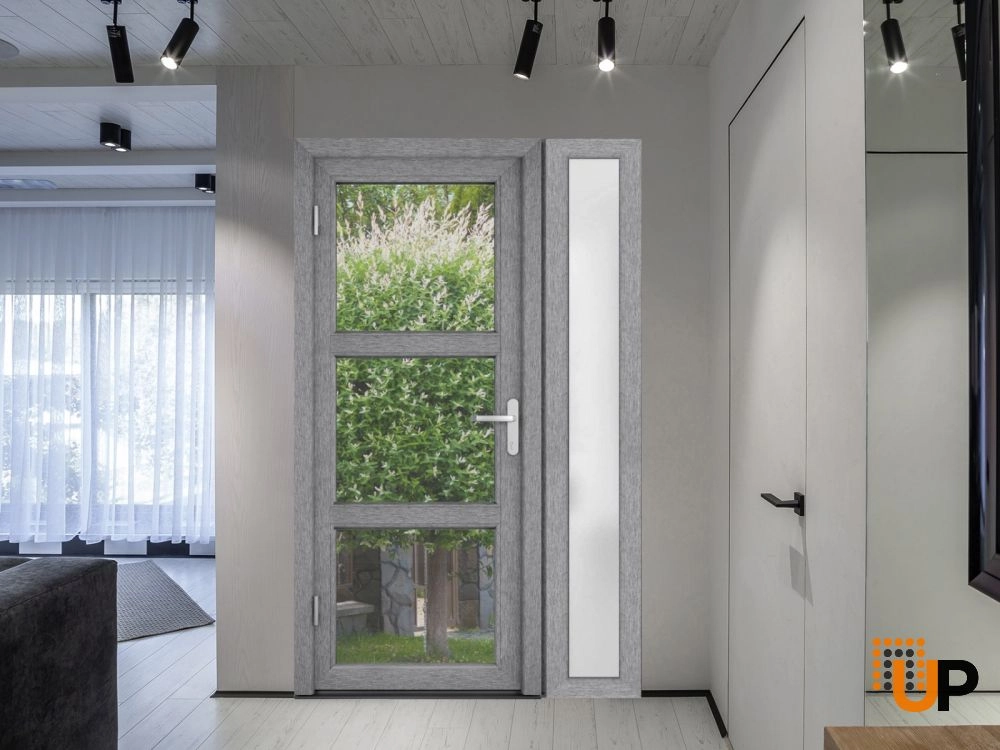 Single swing metal-plastic modern exterior door with tempered | Manux 8555 Gray Ash | 48 x 80 photo#4