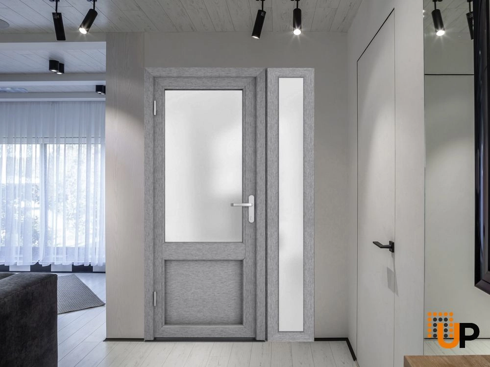 Single swing metal-plastic classic exterior door with tempered | Manux 8422 Gray Ash | 48 x 80 photo#4