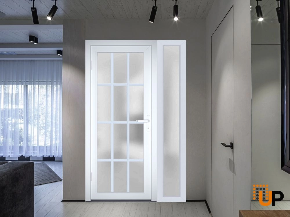 Single swing metal-plastic modern exterior door with tempered | Manux 8312 White | 48 x 80 photo#4