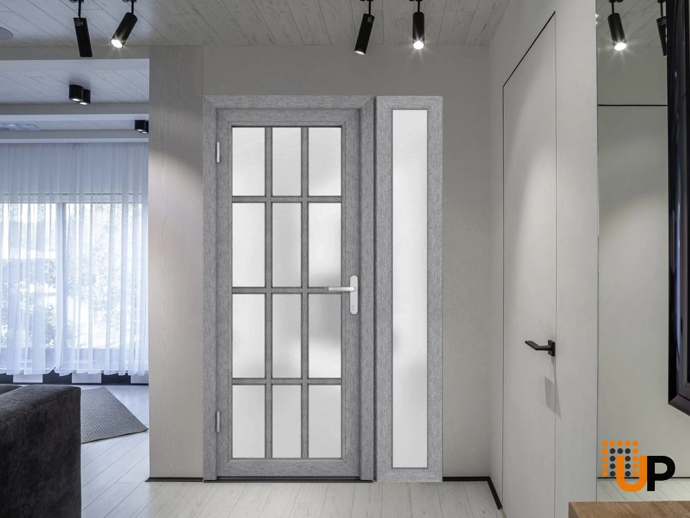 Single swing metal-plastic modern exterior door with tempered | Manux 8312 Gray Ash | 48 x 80 photo#4