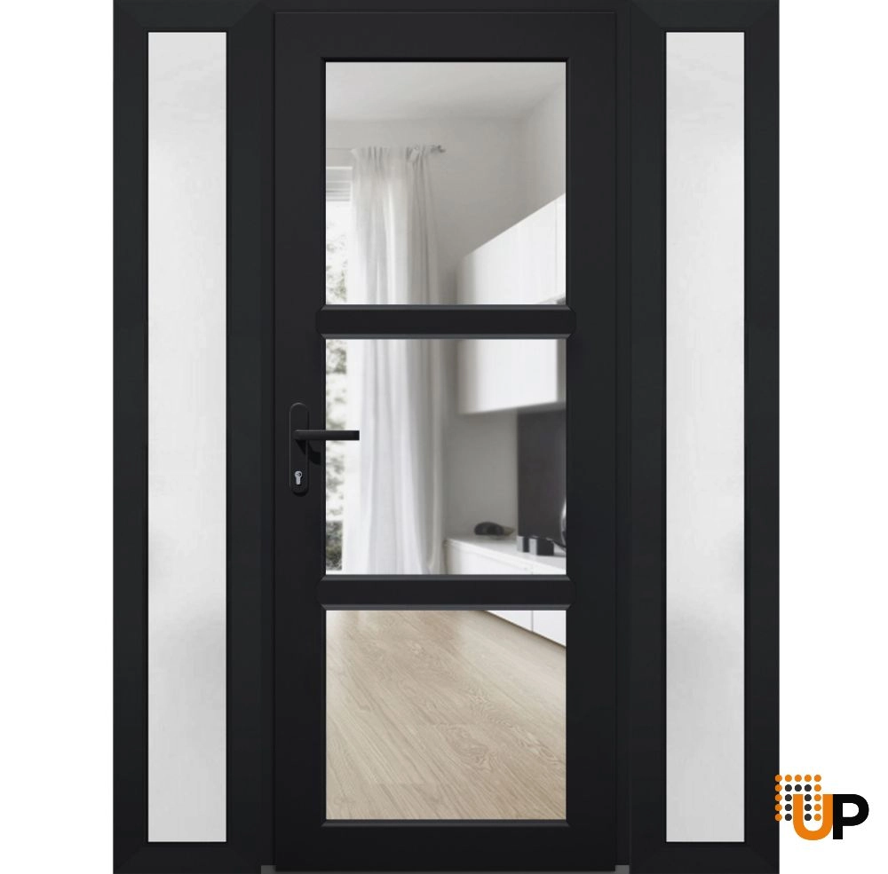 Single swing metal-plastic modern exterior door with tempered | Manux 8555 Black | 60 x 80 photo#1
