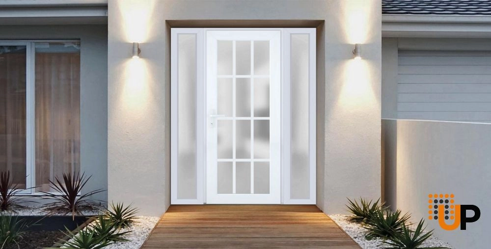 Single swing metal-plastic modern exterior door with tempered | Manux 8312 White | 60 x 80 photo#2