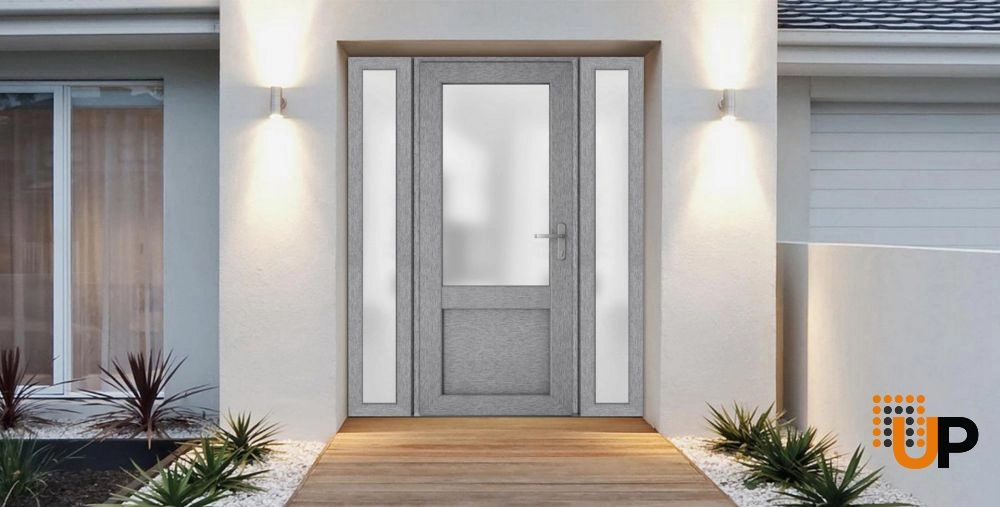 Single swing vinyl classic exterior door with tempered glass | Manux 8422 Gray Ash | 64 x 80 photo#2