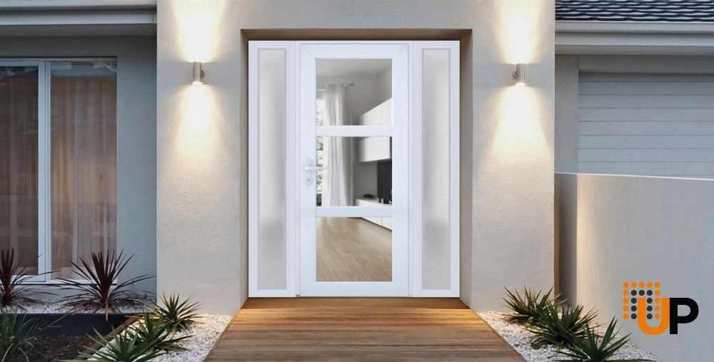 Single swing metal-plastic modern exterior door with tempered | Manux 8555 White | 60 x 80 photo#2