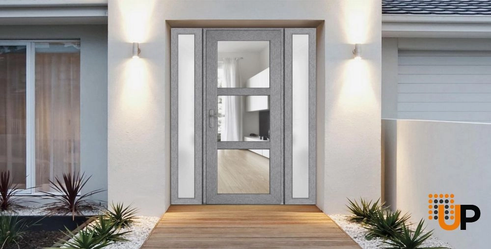 Single swing metal-plastic modern exterior door with tempered | Manux 8555 Gray Ash | 60 x 80 photo#2