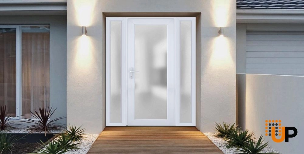 Single swing metal-plastic modern exterior door with tempered | Manux 8102 White | 54 x 80 photo#2