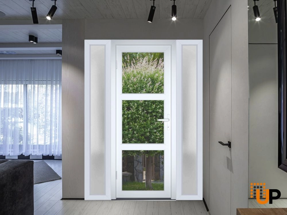 Single swing metal-plastic modern exterior door with tempered | Manux 8555 White | 60 x 80 photo#3