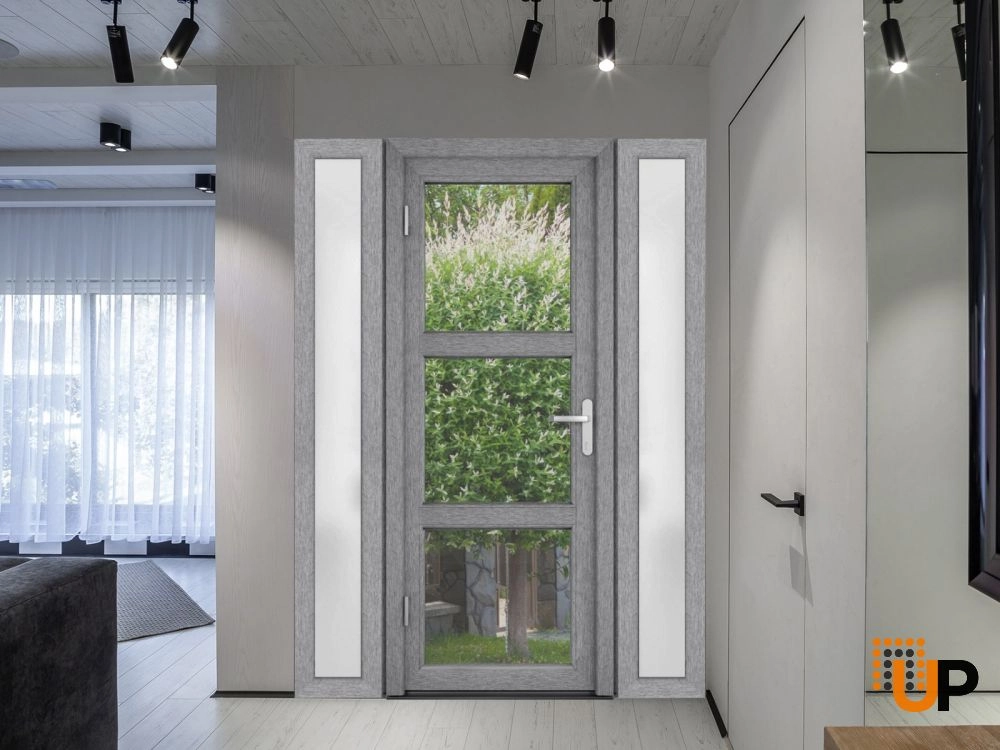 Single swing metal-plastic modern exterior door with tempered | Manux 8555 Gray Ash | 60 x 80 photo#3