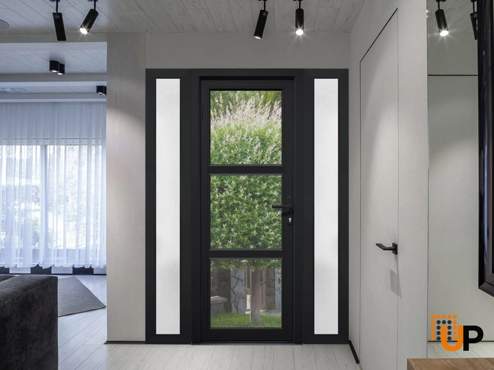 Single swing metal-plastic modern exterior door with tempered | Manux 8555 Black | 60 x 80 photo#3