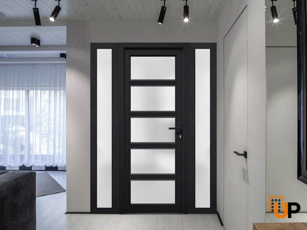Single swing metal-plastic modern exterior door with tempered | Manux 8002 Black | 64 x 80 photo#3