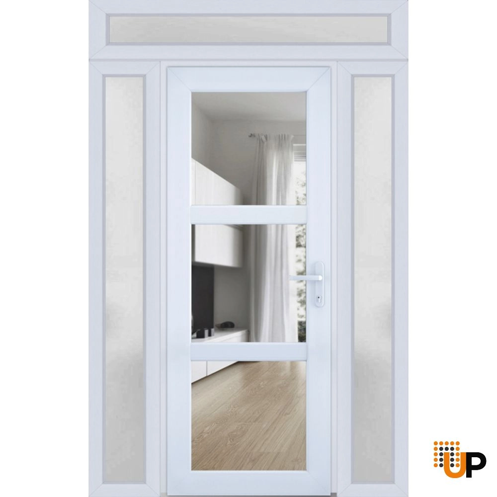 Single swing vinyl modern exterior door with tempered glass | Manux 8555 White | 54 x 94 photo#1