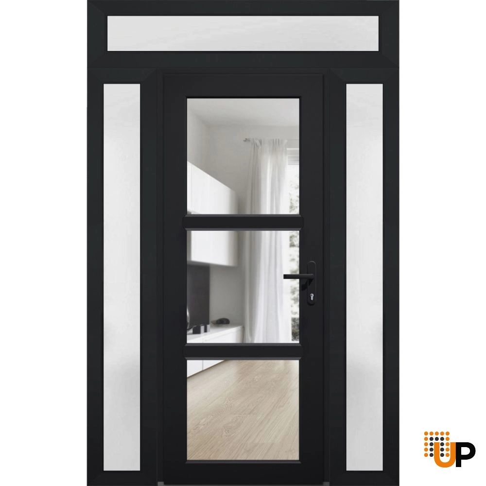 Single swing vinyl modern exterior door with tempered glass | Manux 8555 Black | 54 x 94 photo#1